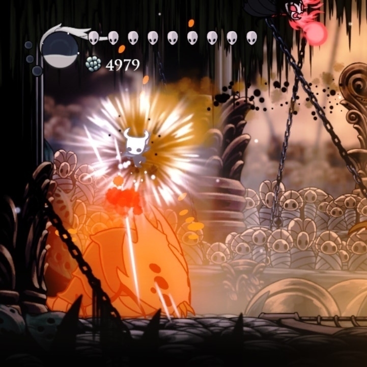 The main character of Hollow Knight pogos on the God Tamer.